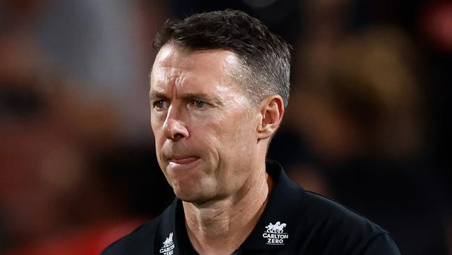 MELBOURNE, AUSTRALIA - FEBRUARY 27: Craig McRae, Senior Coach of the Magpies looks on during the 2024 AFL AAMI Community Series match between the Collingwood Magpies and Richmond Tigers at Ikon Park on February 27, 2024 in Melbourne, Australia. (Photo by Michael Willson/AFL Photos via Getty Images)