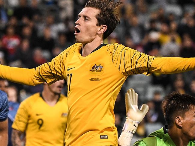 Craig Goodwin of Australia reacts after having a shot saved by Kiran Kumar Limbu of Nepal during the FIFA World Cup Asian Qualifiers match between the Australian Socceroos and Nepal at GIO Stadium in Canberra, Thursday, October 10, 2019. (AAP Image/James Gourley) NO ARCHIVING, EDITORIAL USE ONLY.
