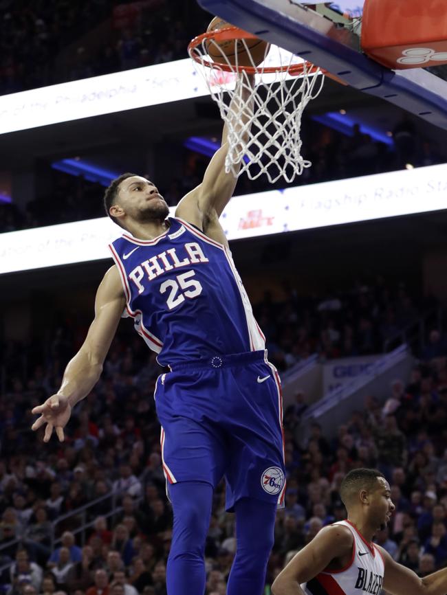 Ben Simmons scores against the Portland Trail Blazers.