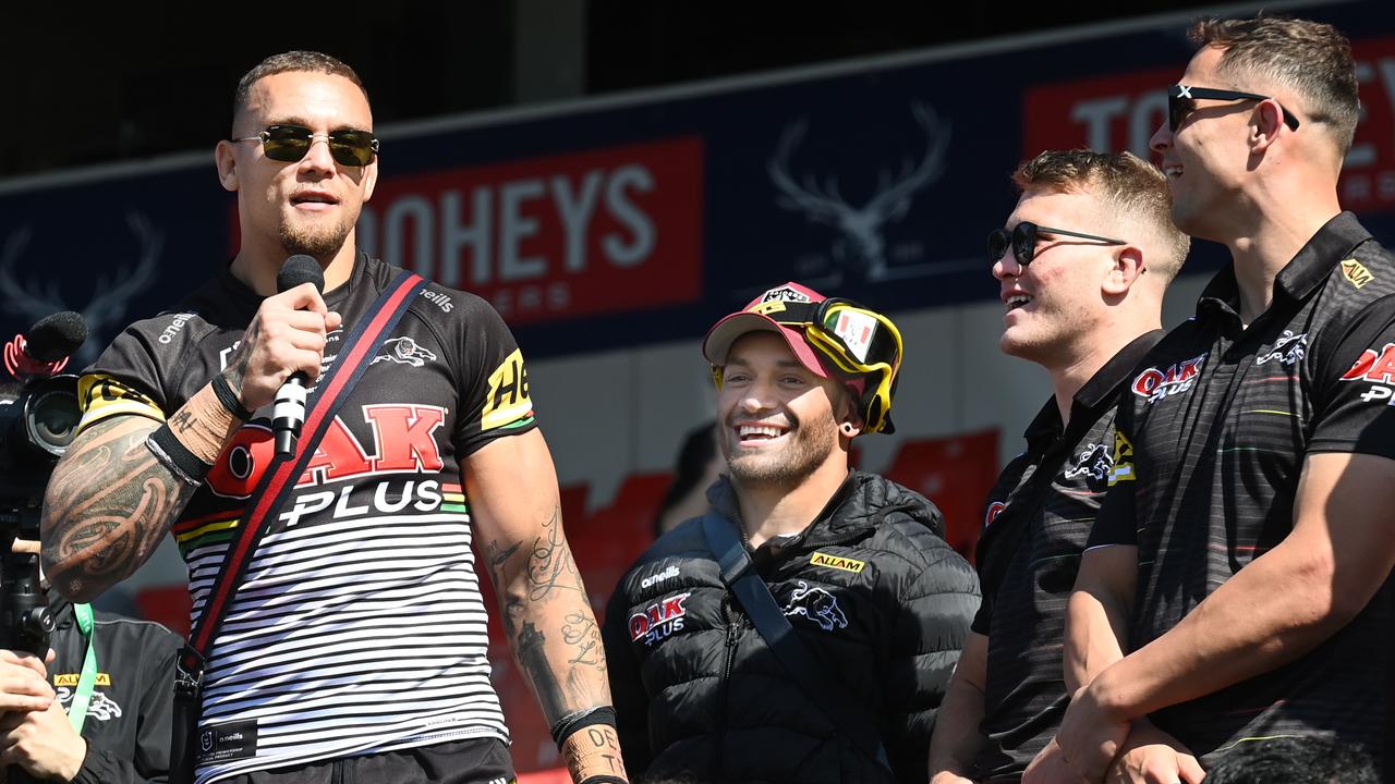 Panthers prop James Fisher-Harris, left, caused a stir with his comments about Parramatta. Picture: Jeremy Piper