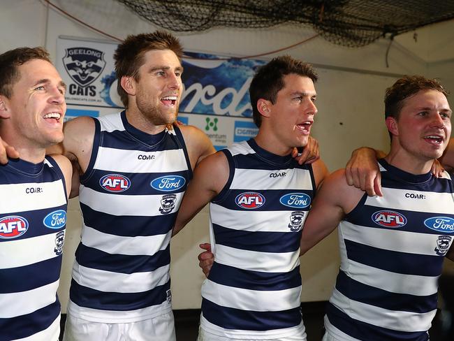 Joel Selwood, Tom Lonergan, Andrew Mackie and Mitch Duncan celebrate a win in 2017. Picture: Chris Hyde/Getty Images
