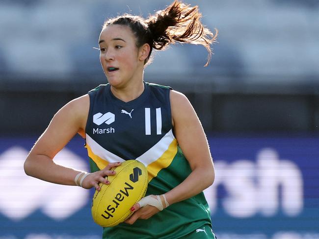 Nalu Brothwell playing in the AFL National Futures Girls match between Team Morrison and Team Prespakis at GMHBA Stadium last August. Photo: by Daniel Pockett/AFL Photos