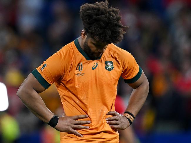 LYON, FRANCE - SEPTEMBER 24: Rob Valetini of Australia looks dejected at full-time following the Rugby World Cup France 2023 match between Wales and Australia at Parc Olympique on September 24, 2023 in Lyon, France. (Photo by Hannah Peters/Getty Images)