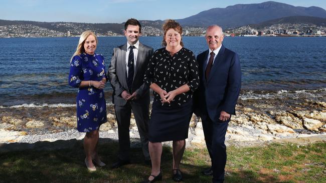 At the Hobart City Deal implementation plan launch are (L-R) Kristie Johnston Glenorchy City Council Mayor, Dean Winter Kingborough Council Mayor, Anna Reynolds Hobart City Council Mayor, Doug Chipman Clarence City Council Mayor. Picture: NIKKI DAVIS-JONES