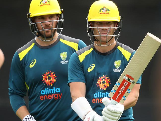 Aaron Finch and David Warner during Australia training at the SCG ahead of the their ODI series v New Zealand. Picture. Phil Hillyard