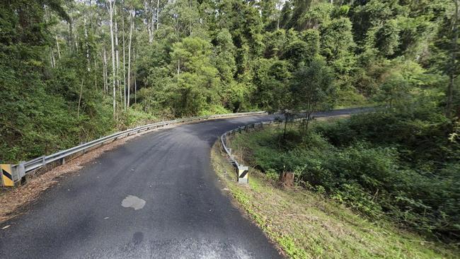 Lions Rd, Cougal, in the Border Ranges National Park on the NSW/QLD border where a man in his 50s was winched and flown to Lismore Base Hospital with multiple fractures after a single motorcycle crash.