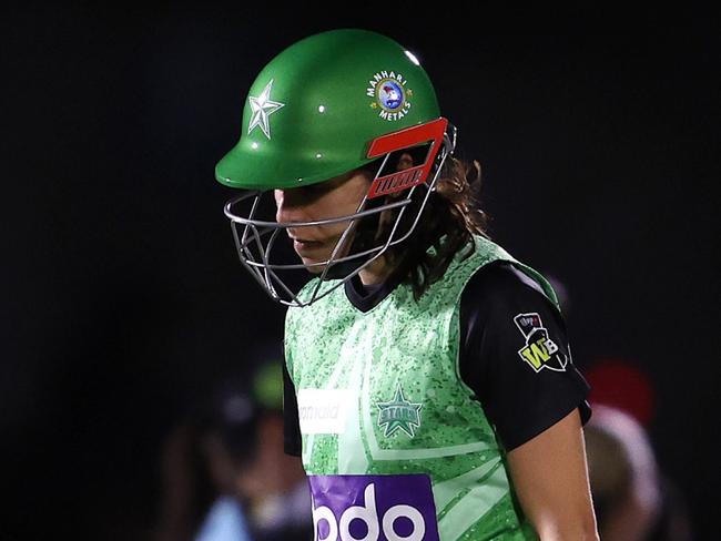 ADELAIDE, AUSTRALIA - OCTOBER 21: Maia Bouchier of the Melbourne Stars out for a duck, Caught Jemma Barsby of ther Strikers and bowled Amanda-Jade Wellington during the WBBL match between Adelaide Strikers and Melbourne Stars at Karen Rolton Oval, on October 21, 2023, in Adelaide, Australia. (Photo by Sarah Reed/Getty Images)