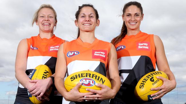 Phoebe McWilliams, 31, Jessica Dal Pos, 23 and Louise Stephenson, 21 from Victoria were poached by GWS for the AFL Women's league. Picture: Adam Taylor