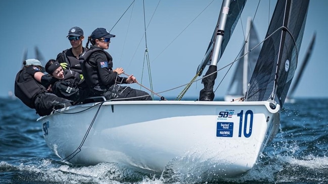 Tasmanian skipper Will Sargent helms Ares to victory at the SB20 world championships in The Netherlands. Picture Laurens Morel