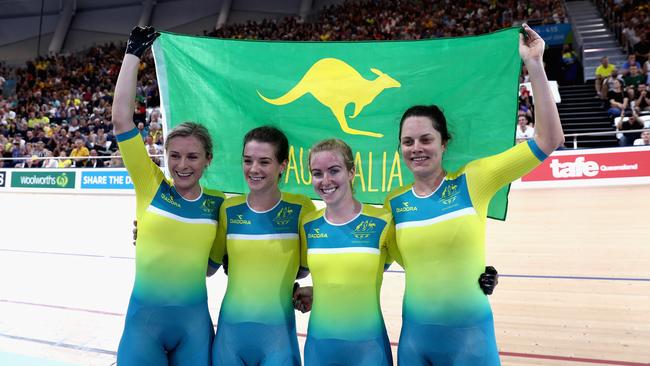 Ashlee Ankudinoff, Amy Cure, Annette Edmondson and Alexandra Manly caught New Zealand in the Women’s Pursuit final. Picture: Ryan Pierse/Getty Images