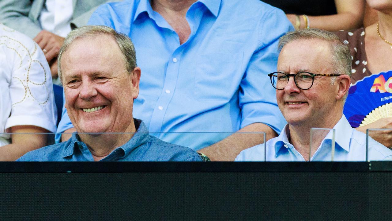 Former treasurer of Australia Peter Costello with Prime Minister Anthony Albanese at the women’s final at the Australian Open tennis on Saturday. Picture: Tennis Australia/Aaron Francis