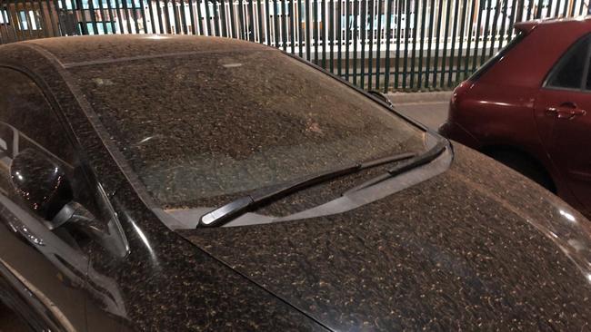 A dust storm has hit Sydney covering everything in an orange film. Cars parked at Campbelltown Train Station were covered as plumes of dust blew across western Sydney. Picture: David Campbell