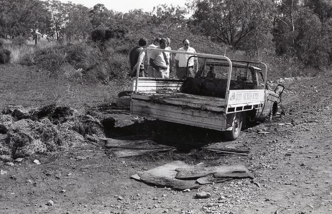 The burnt-out ute in which Geoff Lange&#39;s body was found. Picture: Bruce Mackenzie