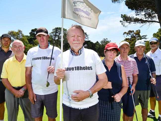 Golfers angry that Parks Victoria plan to half the size of their 18 hole golf course at Albert Park Golf Course. Members from Lakeside Golf Club from left: Steve Zakic, Ron Angove, Tony Gay, Brian McCarthy, (middle), Sally Diserio, Neville Carridice, Tim Turner and Conrad Groen.Picture : Nicki Connolly