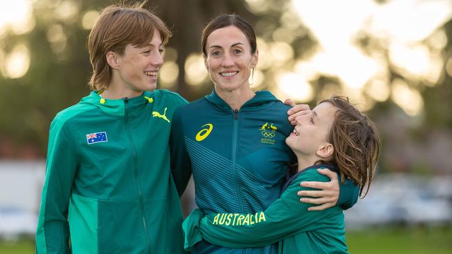 Sinead Diver, with her two boys Eddie, 14, Dara, 10, joined a run club in her thirties while on maternity leave, now she’s competeing in Paris. Picture: Jason Edwards