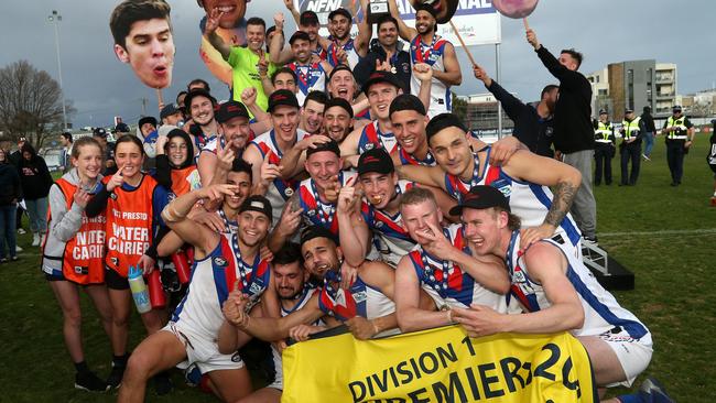 West Preston-Lakeside celebrates its 2019 premiership triumph. Picture: Hamish Blair