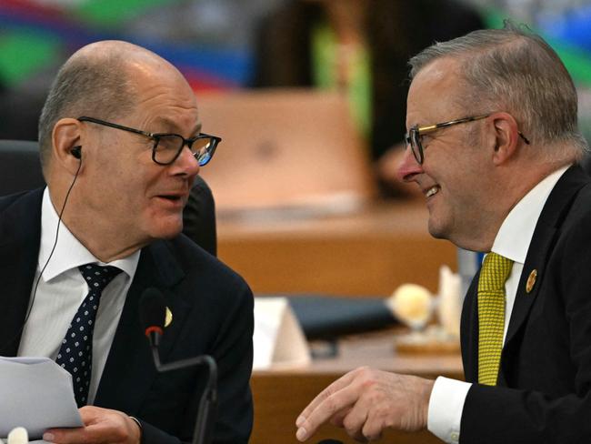 Germany's Chancellor Olaf Scholz and Australia's Prime Minister Anthony Albanese chat during the second session of the G20 Leaders' Meeting in Rio de Janeiro. Picture: AFP