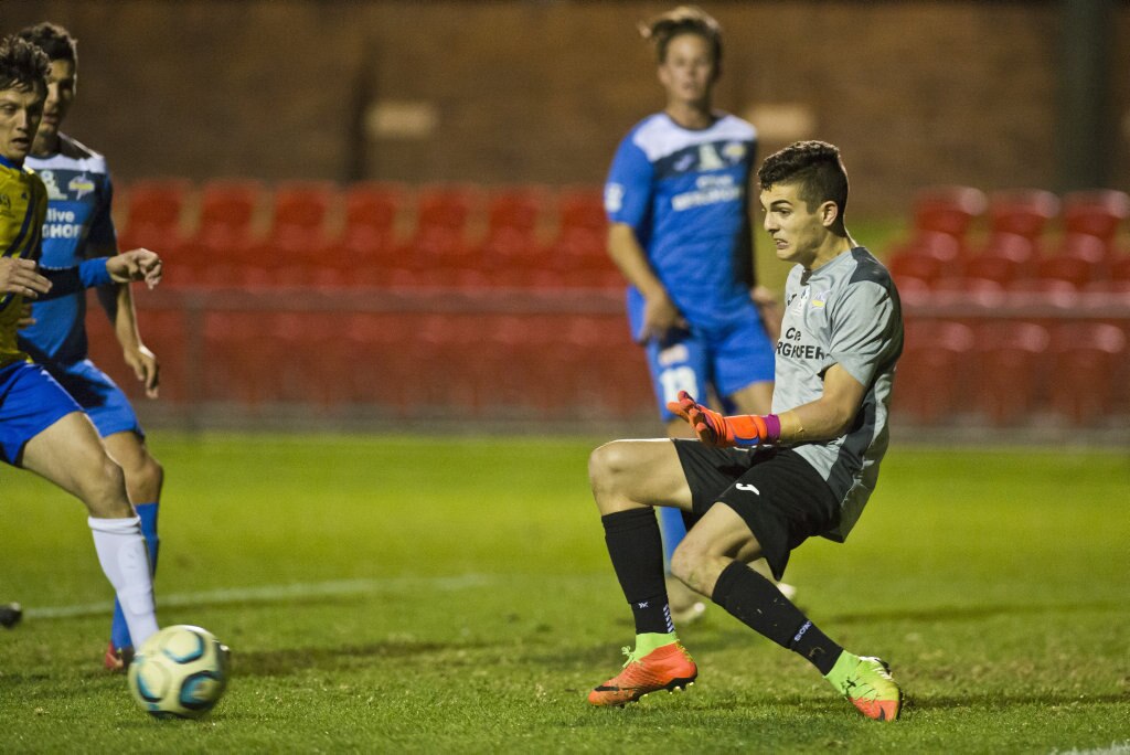 South West Queensland Thunder keeper Jacob Sayle against Brisbane Strikers in NPL Queensland men round 17 football at Clive Berghofer Stadium, Saturday, June 16, 2018. Picture: Kevin Farmer