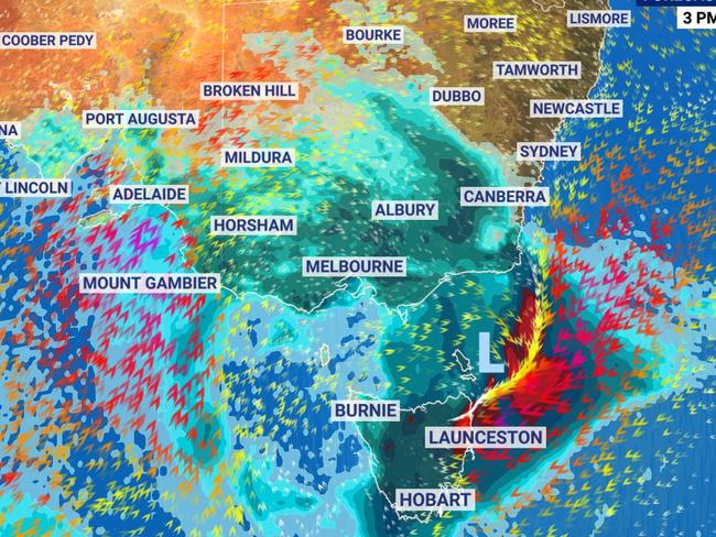 Gale force winds are likely to rattle south and eastern Australia. Picture: Sky News Weather.