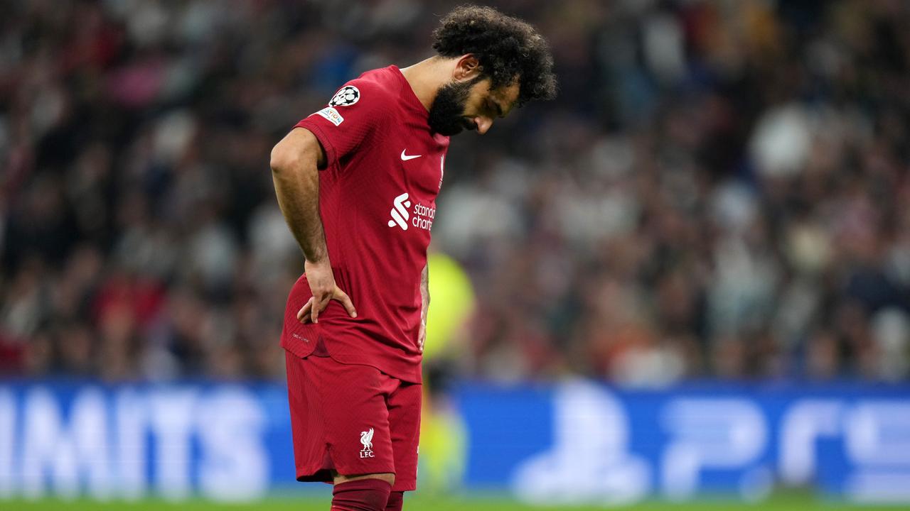 MADRID, SPAIN - MARCH 15: Mohamed Salah of Liverpool looks dejected during the UEFA Champions League round of 16 leg two match between Real Madrid and Liverpool FC at Estadio Santiago Bernabeu on March 15, 2023 in Madrid, Spain. (Photo by Angel Martinez/Getty Images)