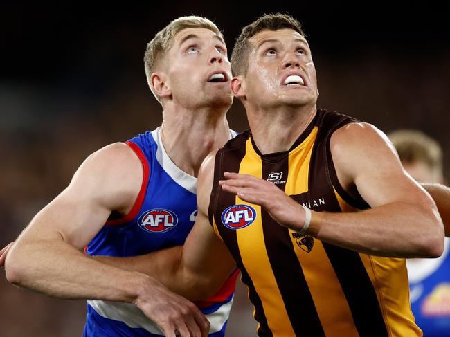 MELBOURNE, AUSTRALIA - SEPTEMBER 06: Lloyd Meek of the Hawks and Tim English of the Bulldogs compete in a ruck contest during the 2024 AFL Second Elimination Final match between the Western Bulldogs and the Hawthorn Hawks at The Melbourne Cricket Ground on September 06, 2024 in Melbourne, Australia. (Photo by Michael Willson/AFL Photos via Getty Images)