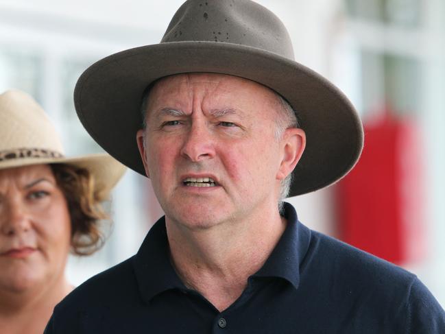 NEWCASTLE, AUSTRALIA - NewsWire Photos - March 2, 2021.  Leader of the Australian Labor Party Anthony Albanese with MP Meryl Swanson at the press conference at Nelson Bay Marina. Picture: NCA NewsWire / Peter Lorimer.