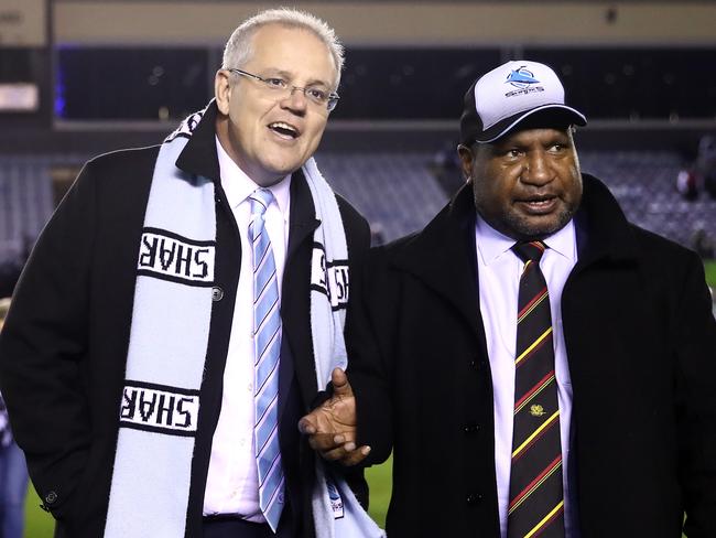 Scott Morrison and James Marape at an NRL match in Sydney last month. Picture: Getty Images