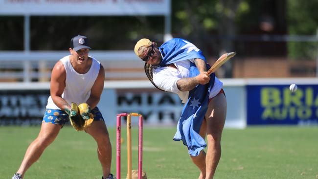 26th January 2021 - Burleigh Bears captain Luke Page belts a ball for six at Pizzy park as the Bears took on the Gold Coast Titans in an Australian Day cricket clash. Photo: Scott Powick NEWSCORP