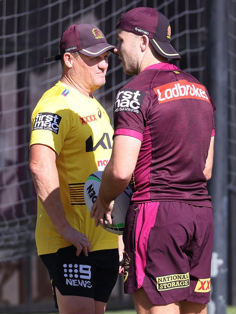 Coach Kevin Walters talking with his son Billy Walters, Brisbane Broncos training, Red Hill. Picture: Liam Kidston