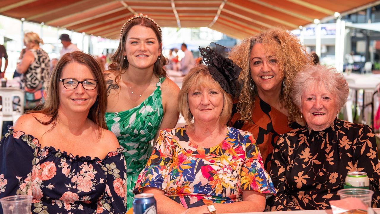 Kelly Sweet, Tina Heriot, Patsy Morowski, Cheryl O’Shaughnessy and Tahni Griffiths 2024 Darwin Cup Carnival Ladies Day. Picture: Pema Tamang Pakhrin