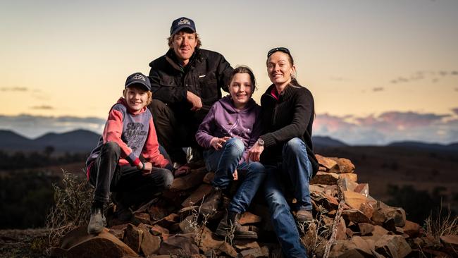 Frances Frahn with her husband, Luke, and their children, Todd, 11, and Stella, 9, at Holowiliena Station, at Cradock, South Australia. Picture: Matt Turner.