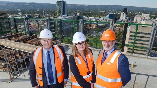 Charter Hall managing director David Harrison, BHP head of corporate affairs SA Emily Perry and Built general manager SA Christopher Bate. (AAP Image/Brenton Edwards)