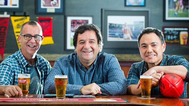 Andrew Maher, Mick Molloy and Sam Pang on the set of The Front Bar.
