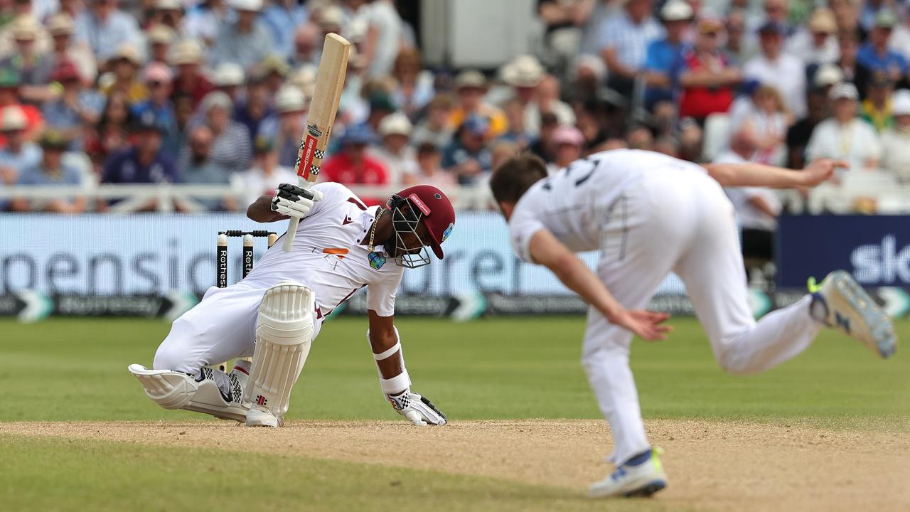 Kraigg Brathwaite of the West Indies avoids a delivery bowled by Mark Wood. Photo by David Rogers/Getty Images