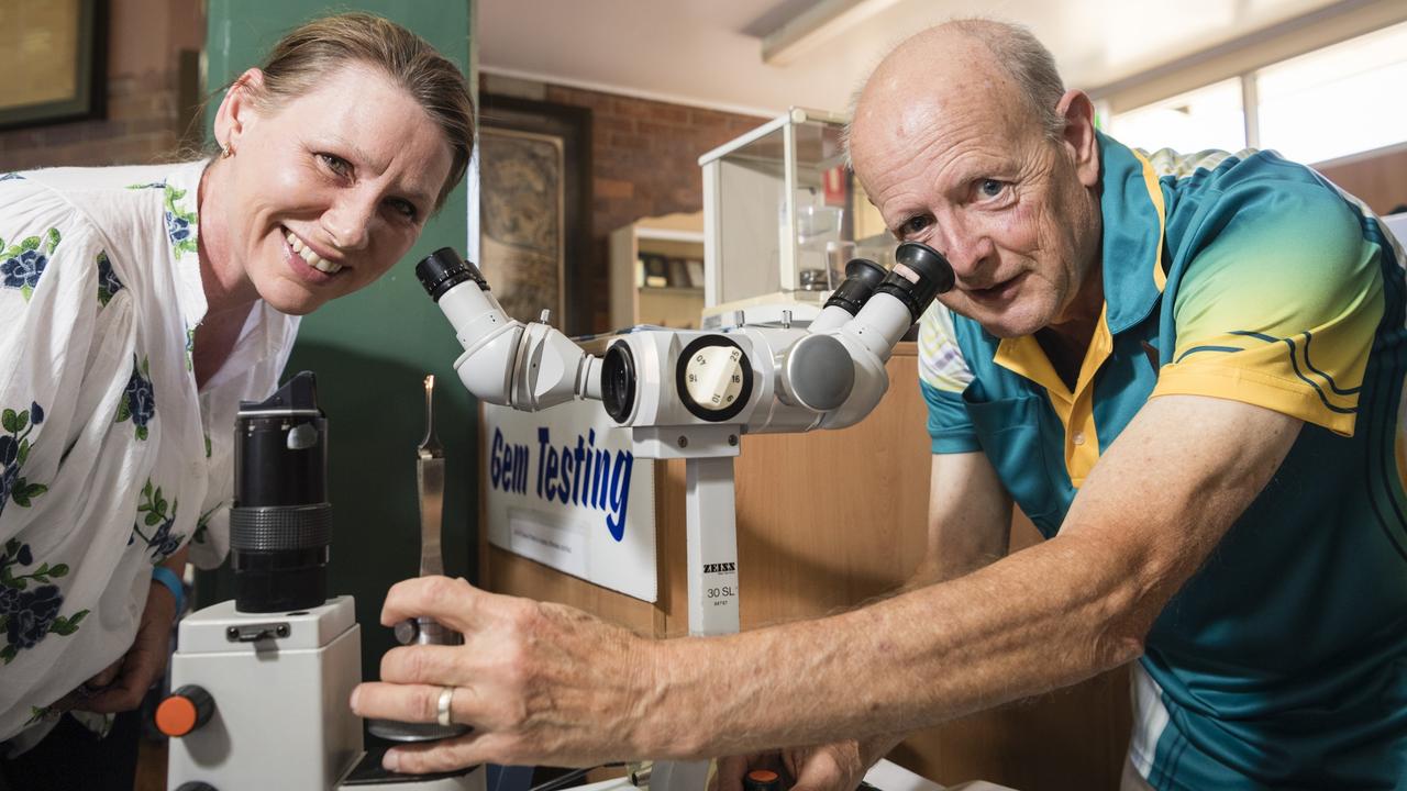 Wanita Judge has a stone she fossicked identified as a Zircon by Rod Brightman at Gemfest hosted by Toowoomba Lapidary Club at Centenary Heights State High School, Saturday, October 21, 2023. Picture: Kevin Farmer