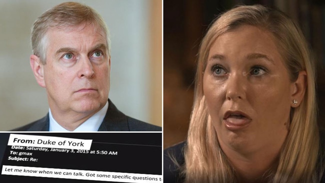 Bombshell interview: Prince Andrew accuser Virginia Giuffre, right during her BBC Panorama interview, which also uncovered an email exchange between the Prince, left, and Jeffrey Epstein's alleged "madam" Ghislaine Maxwell. Pictures: AFP/BBC Panorama