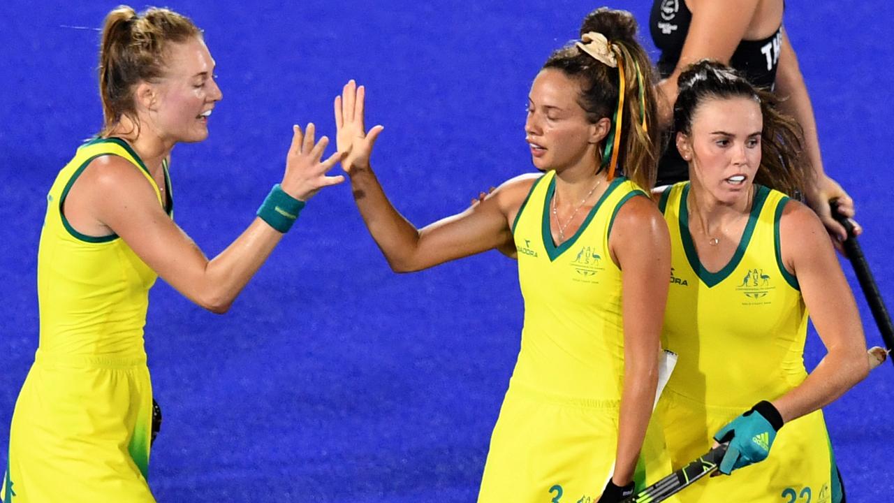 Hockyeroos players celebrate during the 2018 Commonwealth Games on the Gold Coast. Picture: AAP