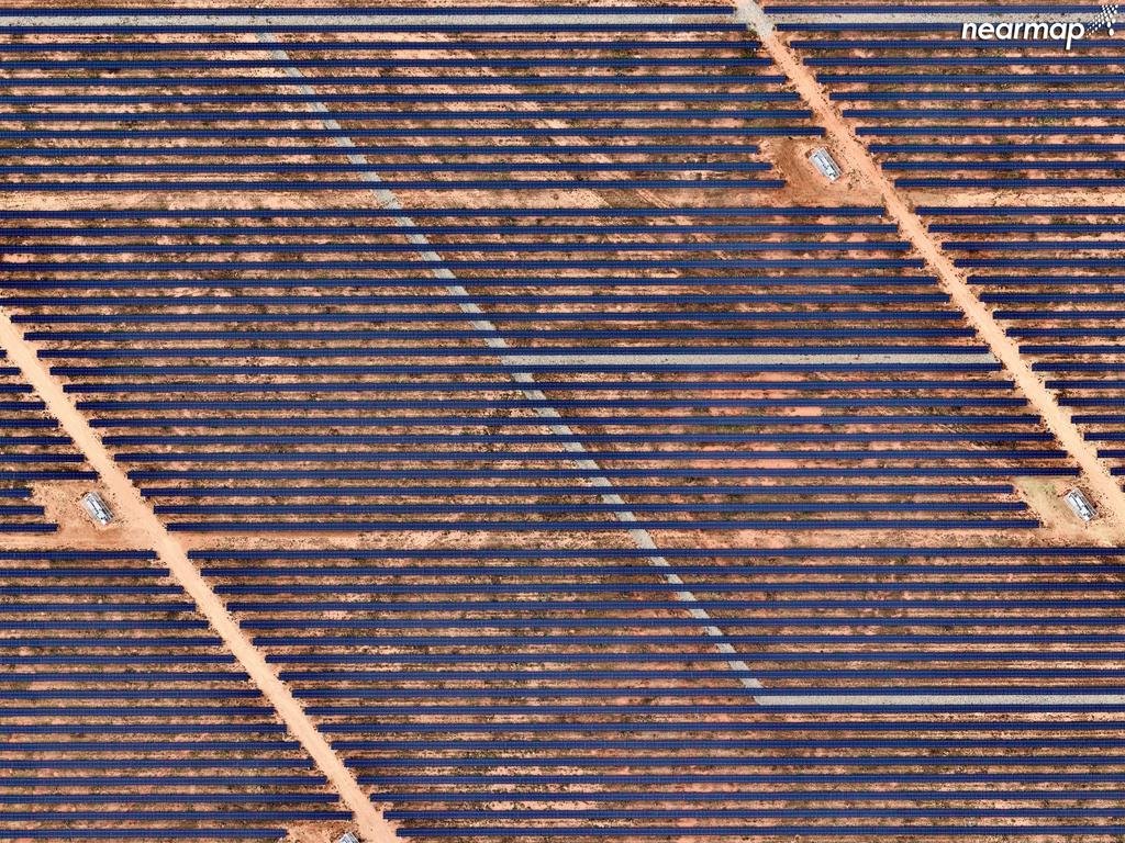 Broken Hill in rural NSW has a solar farm the size of London’s Hyde Park. This solar farm is one of the largest in the Southern Hemisphere, sending enough electricity to the national grid to power 17,000 homes a year. Picture: Nearmap