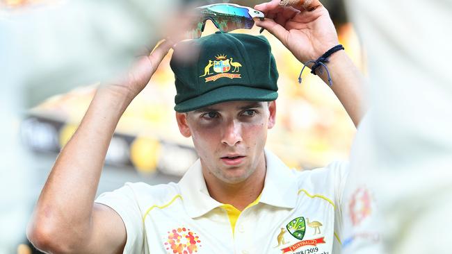 Australian bowler Jhye Richardson on day one of the First Test match between Australia and Sri Lanka at The Gabba in Brisbane yesterday.