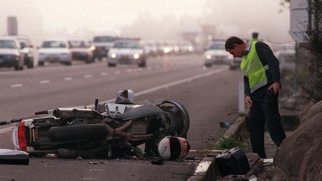 The motorcycle of Senior Sergeant Ray Smith after he was killed when a piece of firewood fell from a truck hitting him in the head forcing him into a concrete wall on the F3 near Mt White.