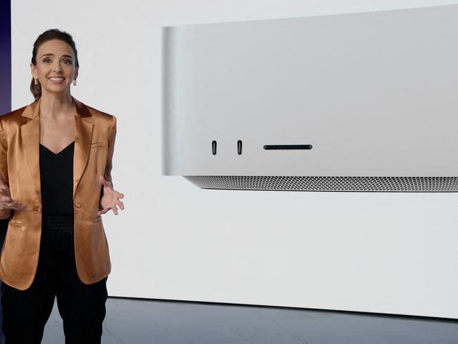 Apple's Colleen Novielli explains performance capabilities of the all-new Mac Studio during a special event at Apple Park in Cupertino, California. Picture: AFP PHOTO / Apple Inc