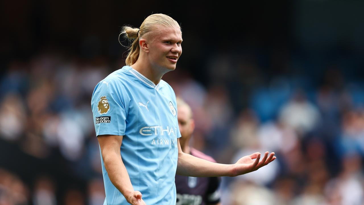 MANCHESTER, ENGLAND – SEPTEMBER 02: Erling Haaland of Manchester City reacts during the Premier League match between Manchester City and Fulham FC at Etihad Stadium on September 02, 2023 in Manchester, England. (Photo by Matt McNulty/Getty Images)