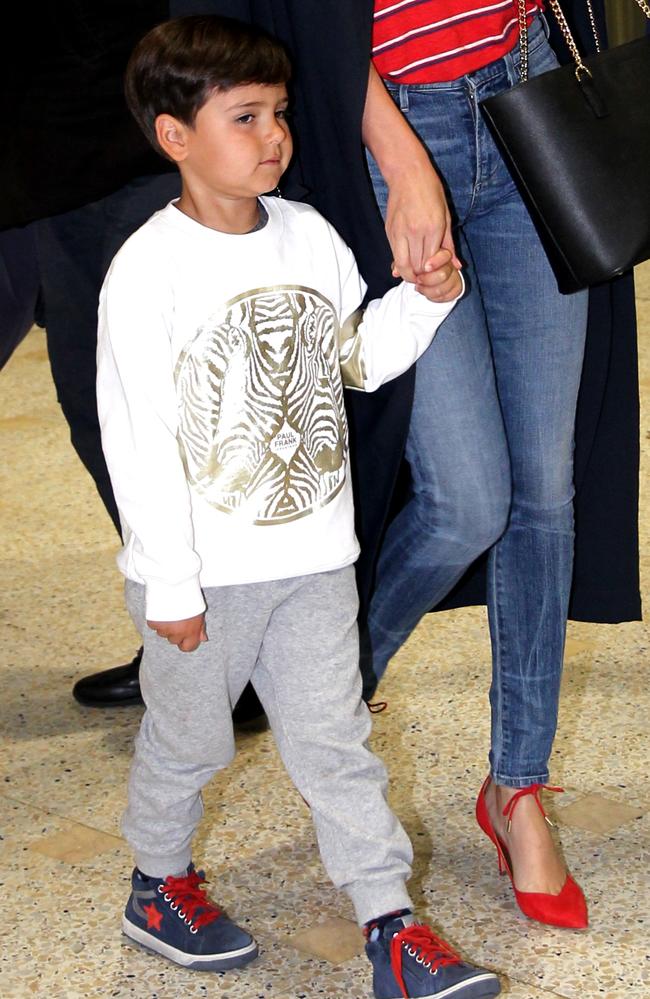 Miranda’s red Aquazurra heels matched son Flynn’s shoelaces