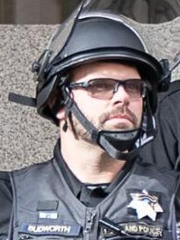 Portland police officer Corey Budworth in a widely circulated US media image.