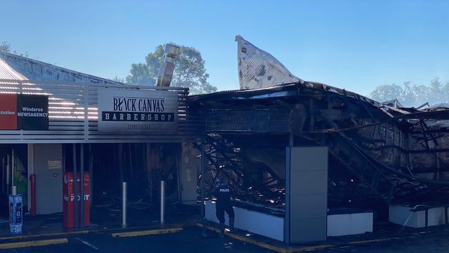 Fire damaged shops at the Windaroo Village centre.