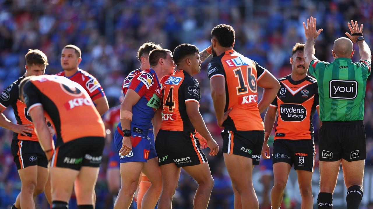 Tyrone Peachey (No.14) was sin-binned against the Knights on a bad day for the Tigers. Picture: Cameron Spencer/Getty Images