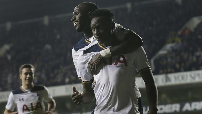 Tottenham's Victor Wanyama, right, celebrates after scoring a goal.