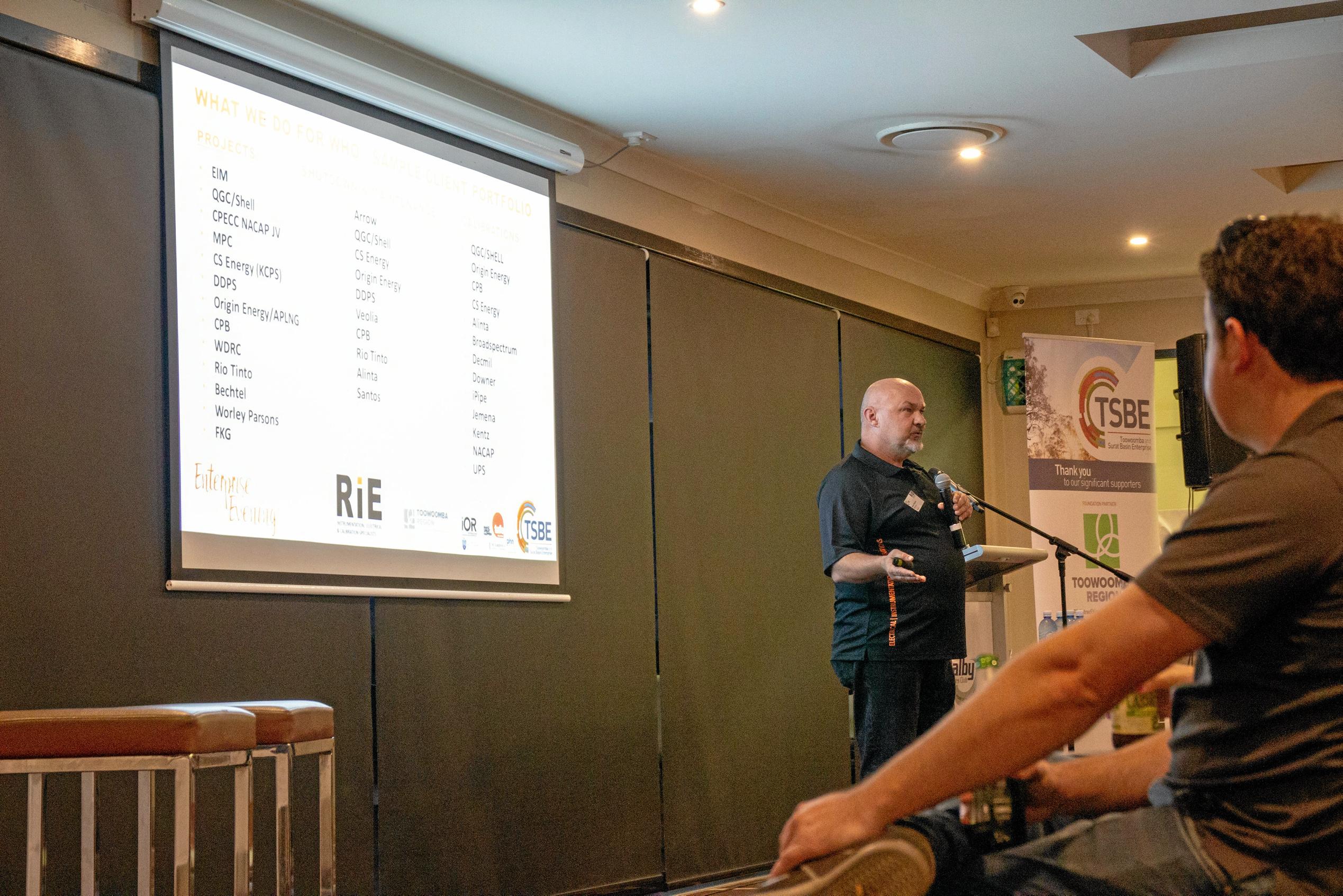 RIE Group's Bruce Chapman speaks at TSBE's October Enterprise Evening at the Dalby League's Club on October 11, 2018. Picture: Dominic Elsome