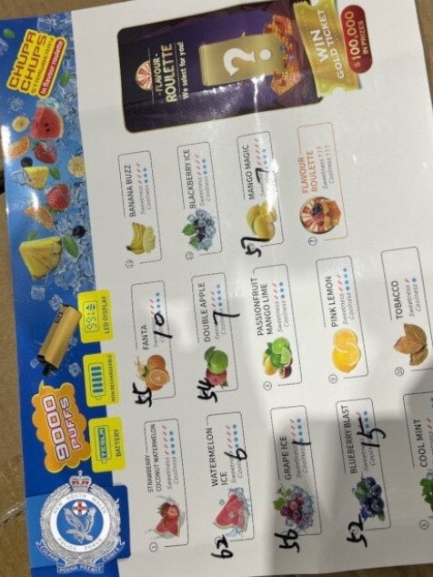 A vape menu seized by officers. Picture: NSW Police