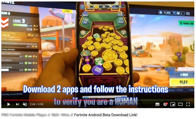 Hoax videos are luring Fortnite gamers to fork out cash to scammers. Picture: Screengrab from YouTube